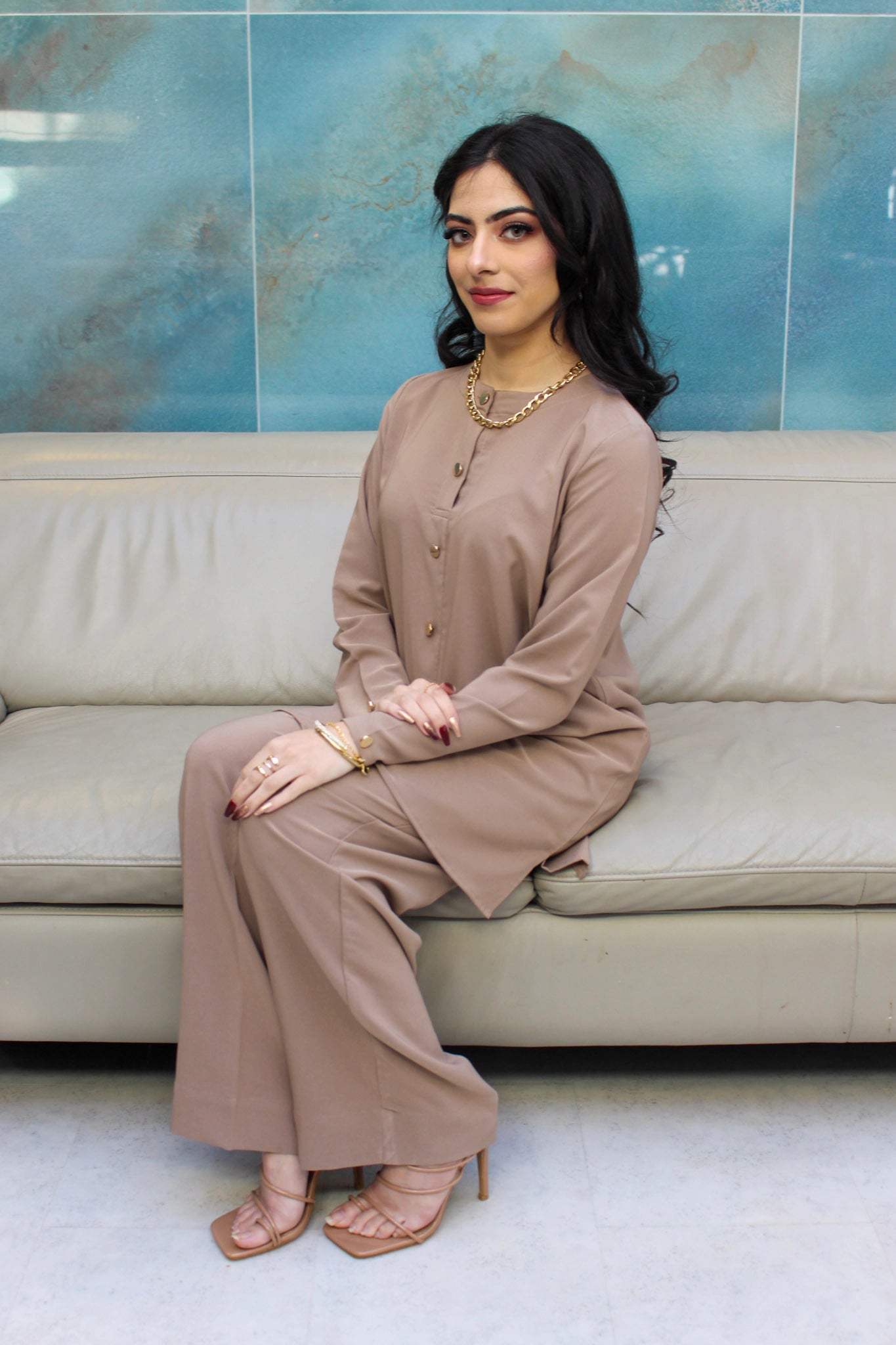 Light Crepe Beige Coord Set With Gold Buttons