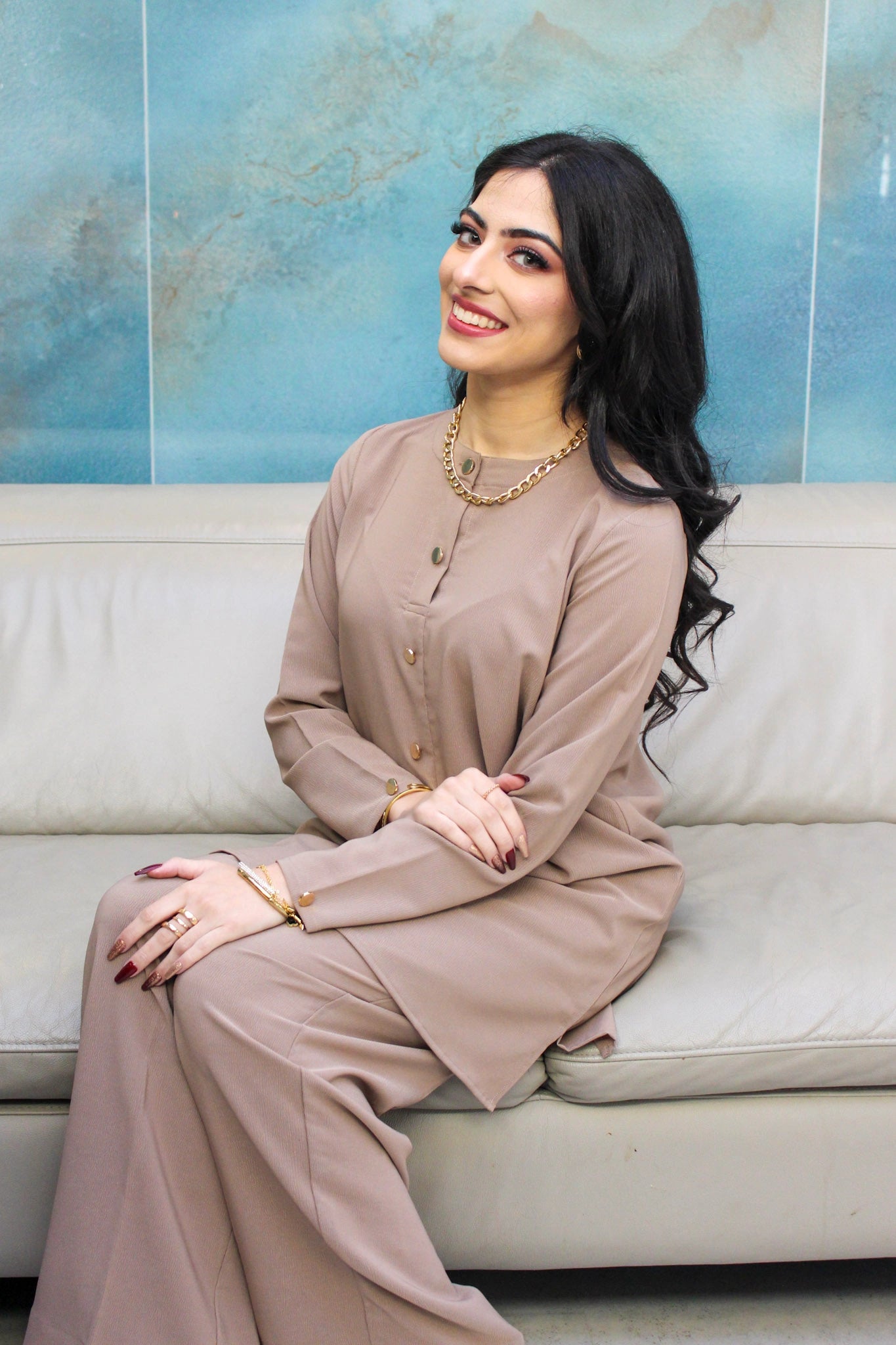 Light Crepe Beige Coord Set With Gold Buttons