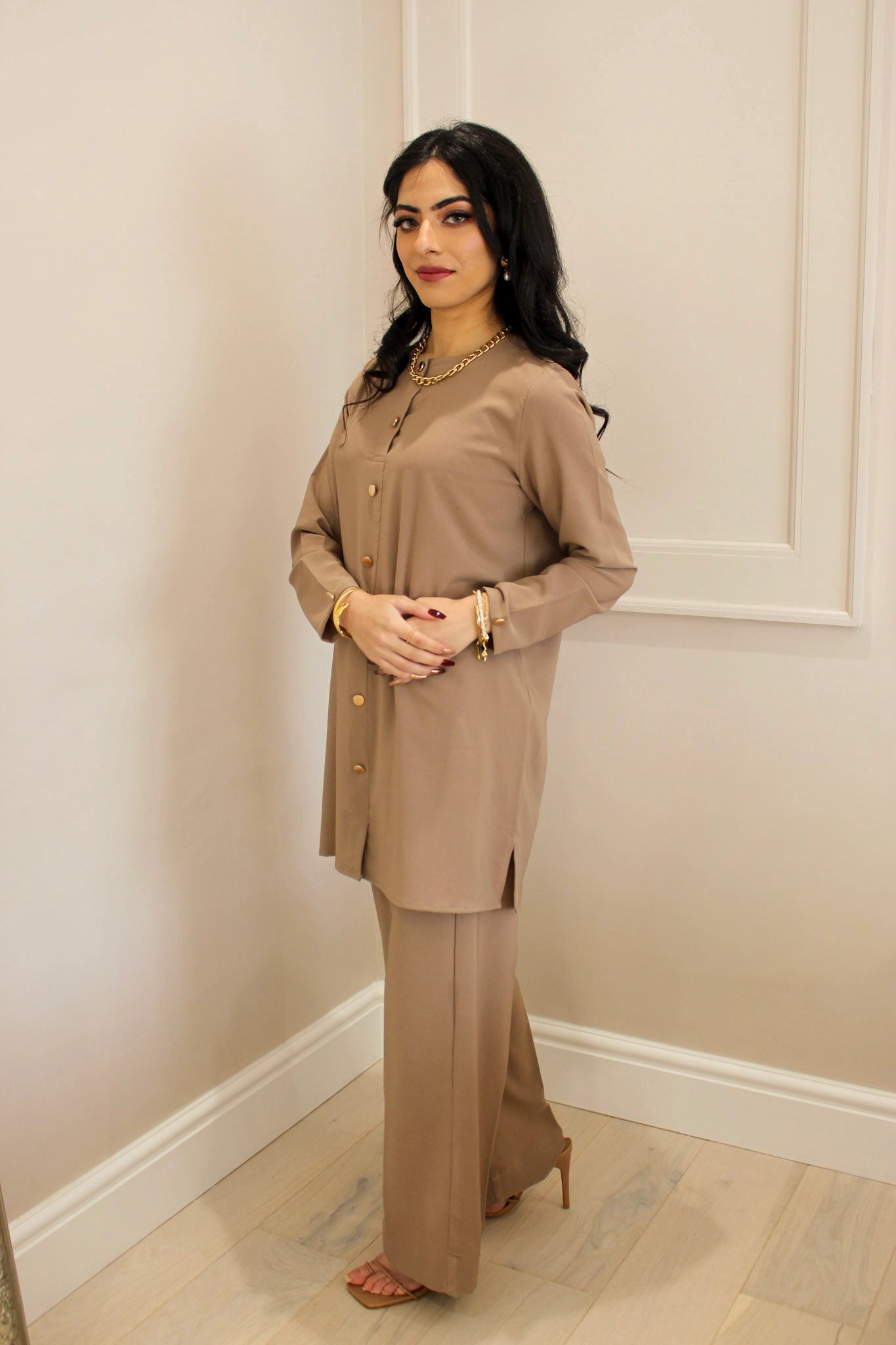 Light Crepe Beige Coord Set With Gold Buttons