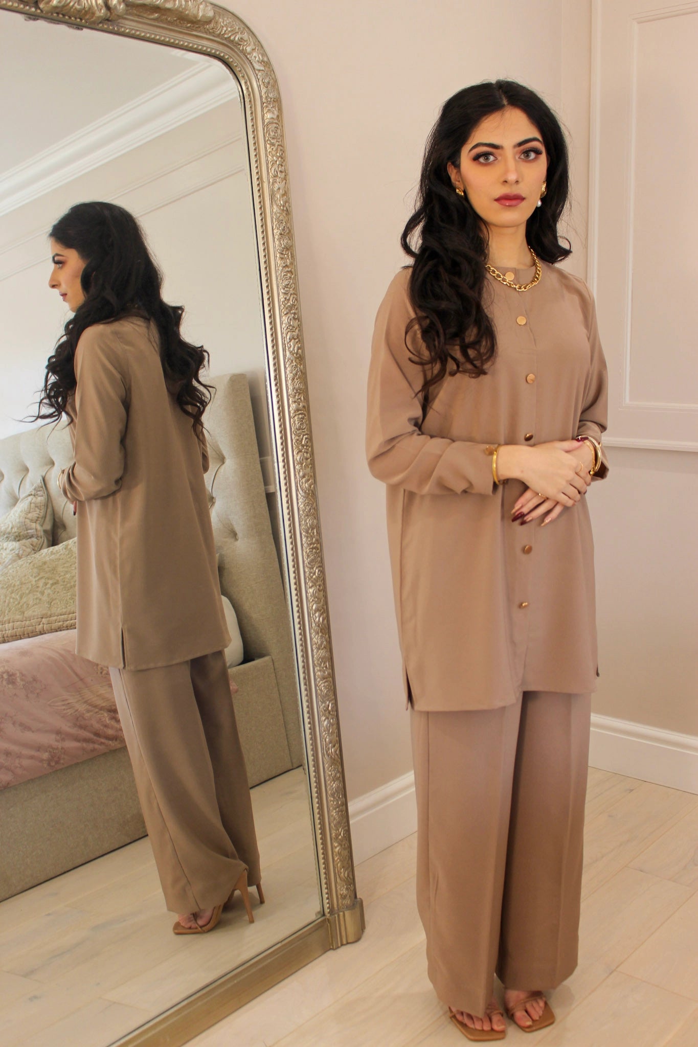 Light Crepe Beige Coord Set With Gold Buttons