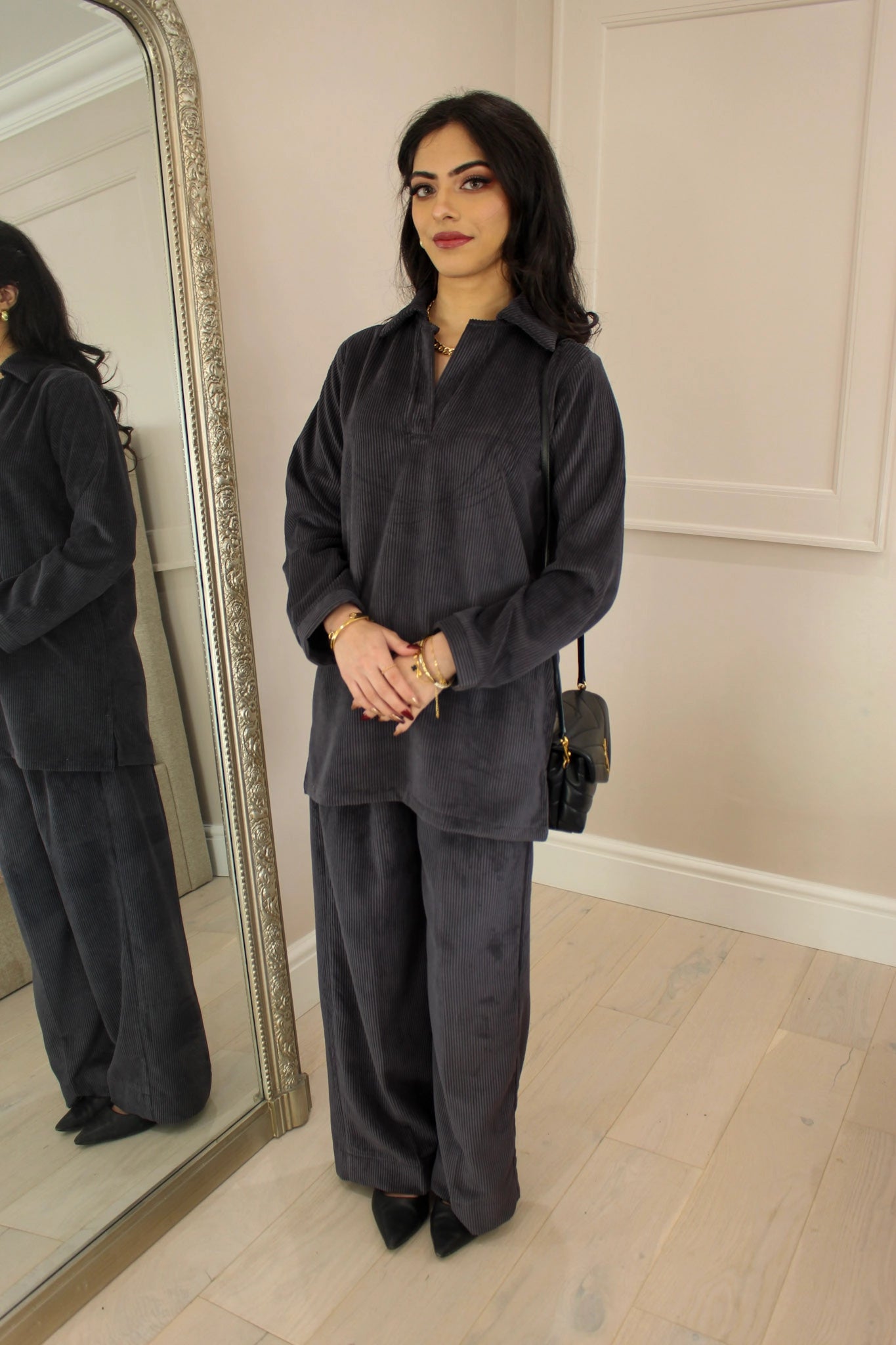 Grey Velvet Corduroy Coord Set