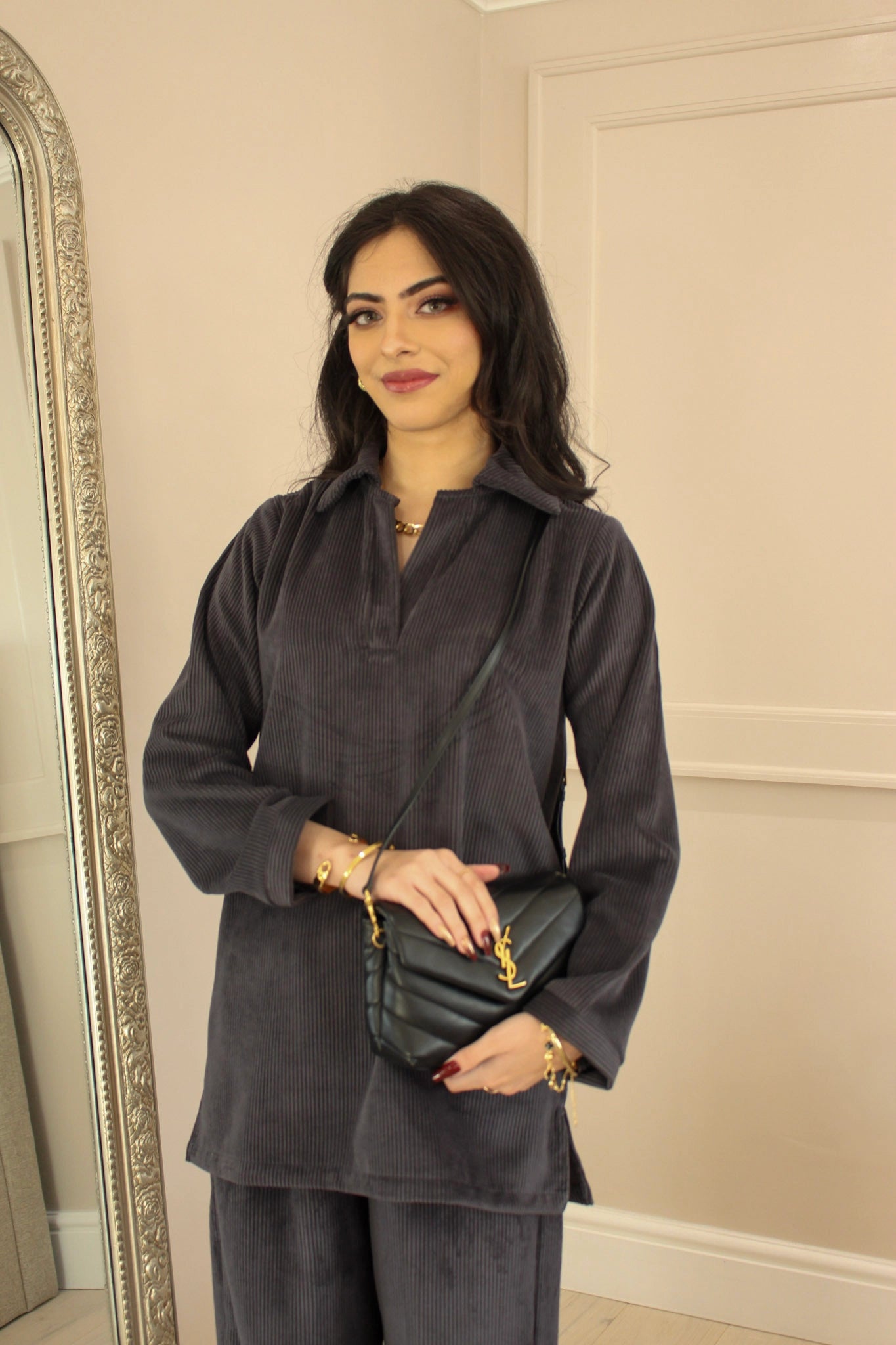 Grey Velvet Corduroy Coord Set