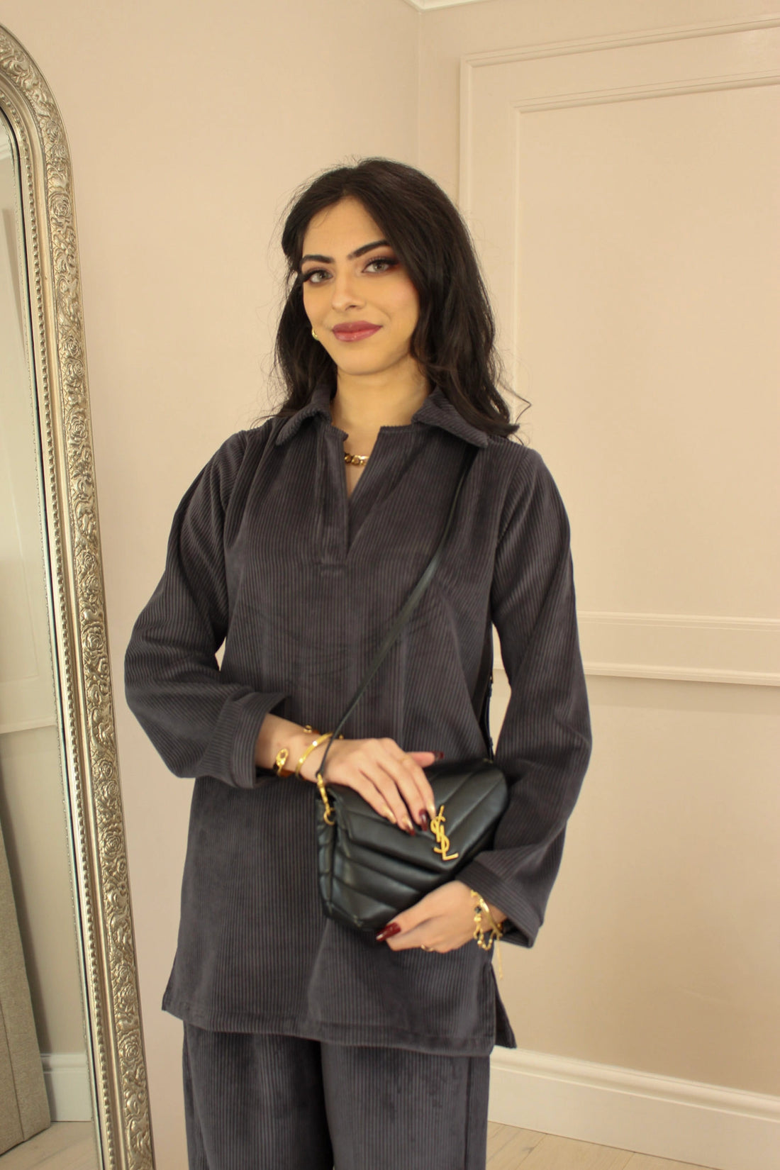 Grey Velvet Corduroy Coord Set