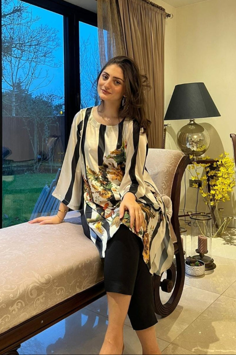 Beige and Black Silk Kurta