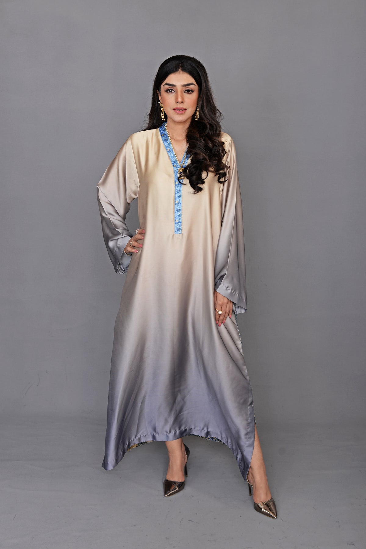 Champagne and Silver Silk Kaftan