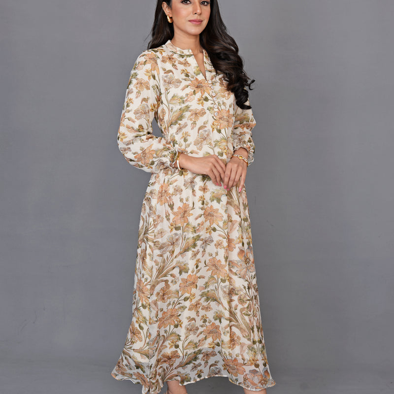 Beige Floral Maxi Dress