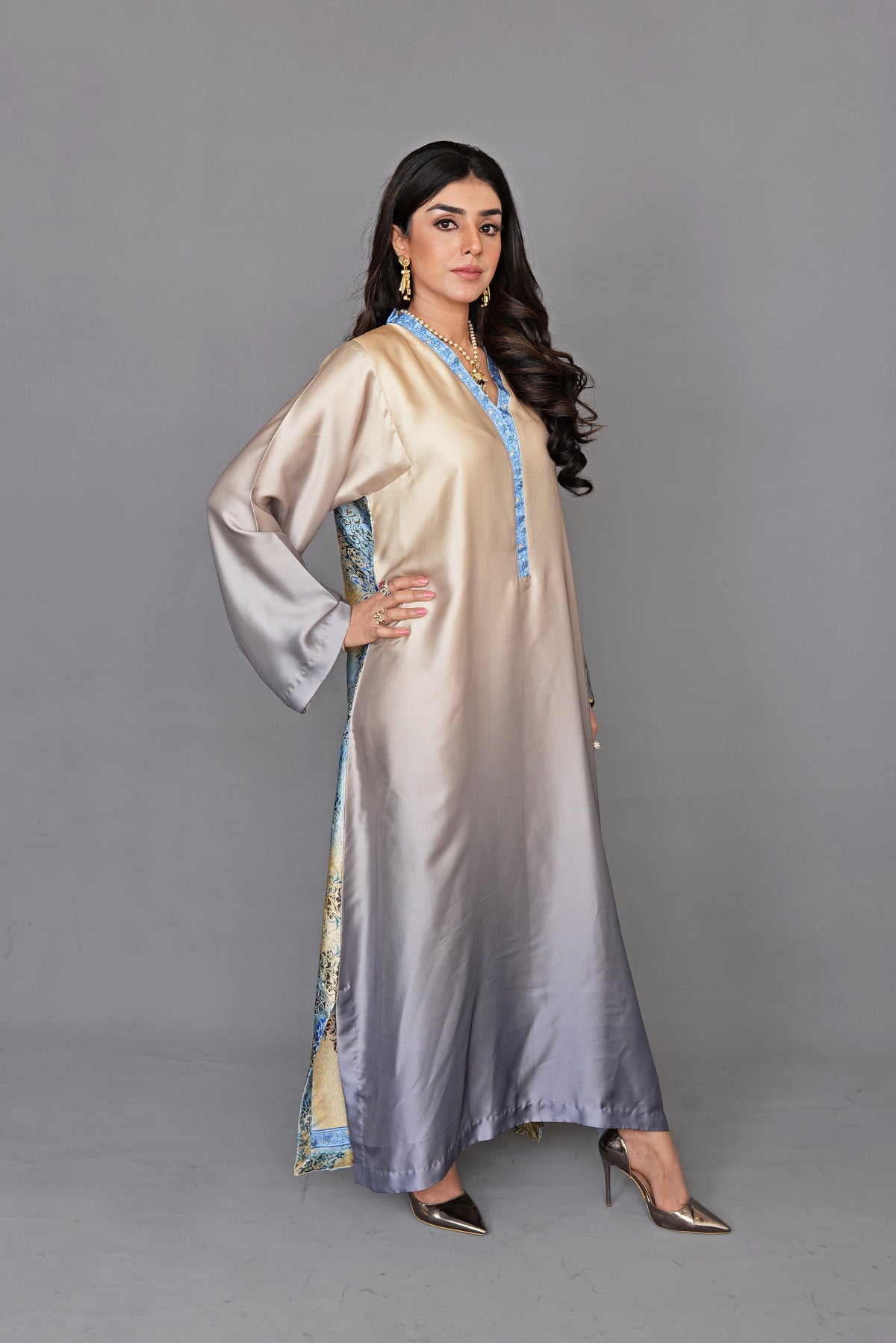 Champagne and Silver Silk Kaftan