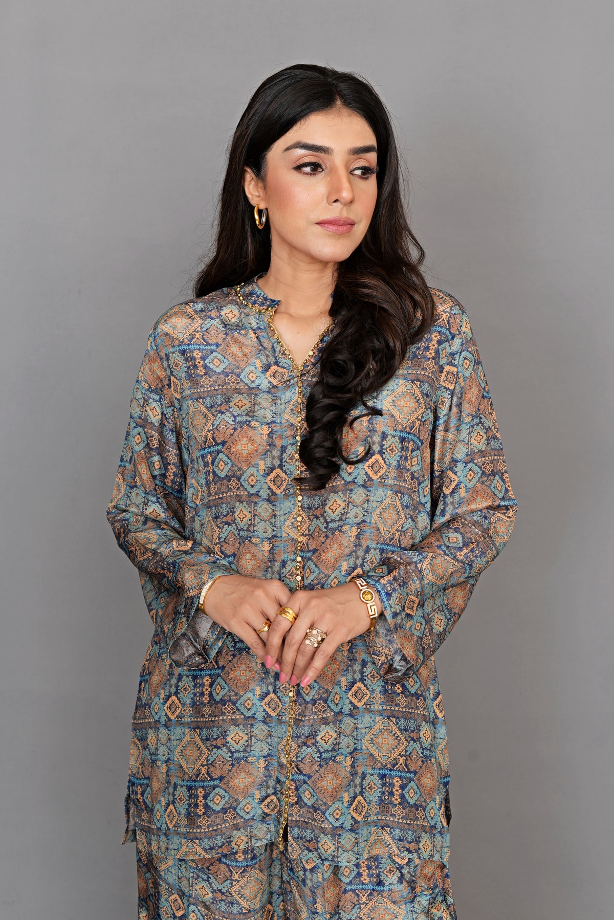 Blue Damask Print Silk Coord