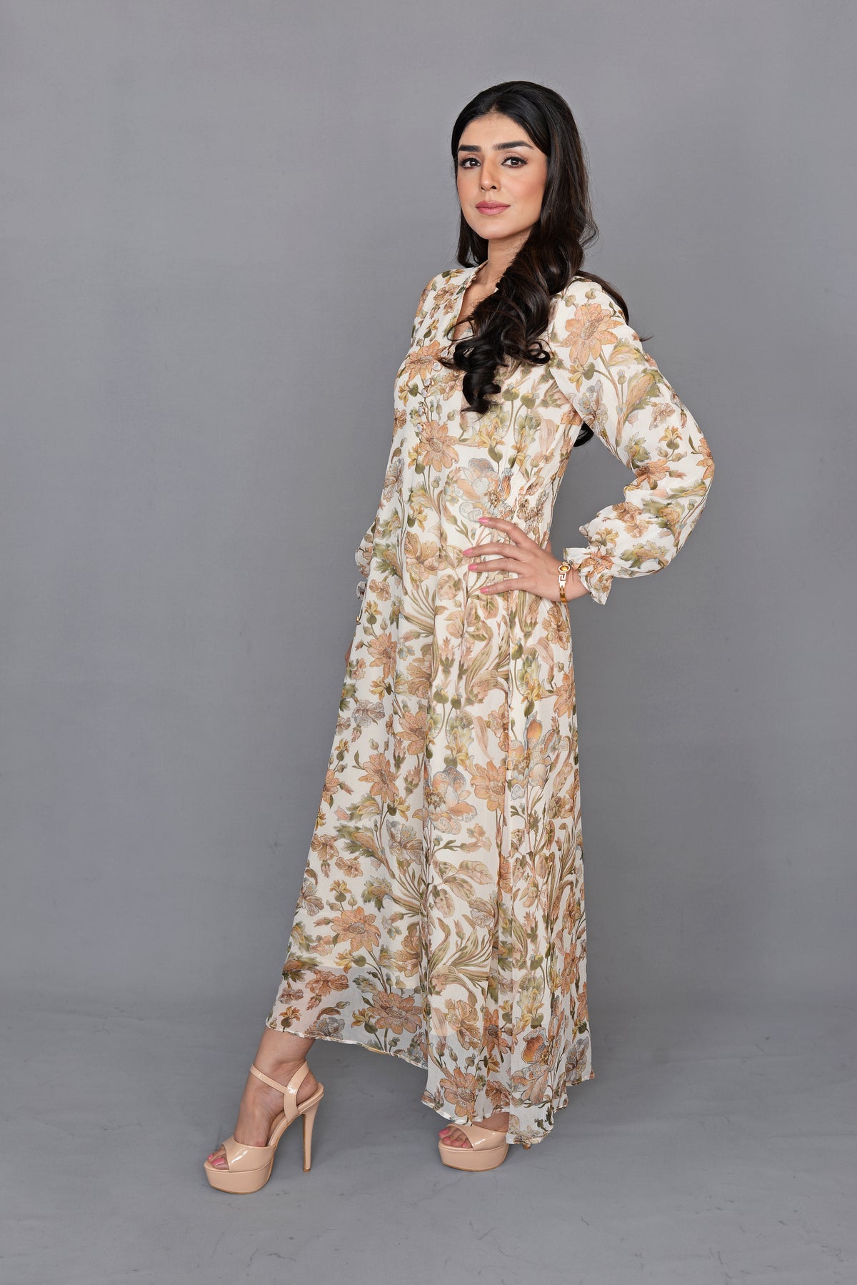 Beige Floral Maxi Dress