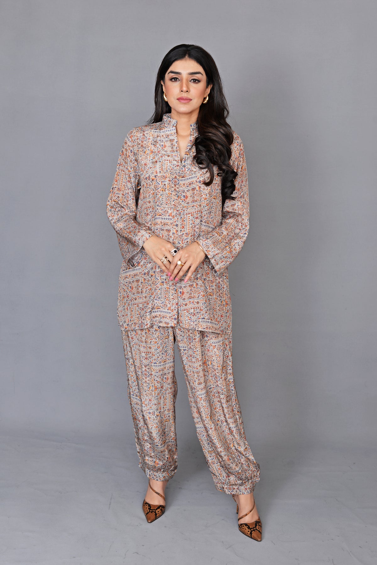 Rust Ethnic Geometric Silk Coord Set